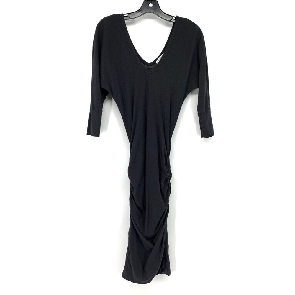 Standard James Perse Dress Black Ruched High Twist Jersey V Neck - Picture 2 of 10